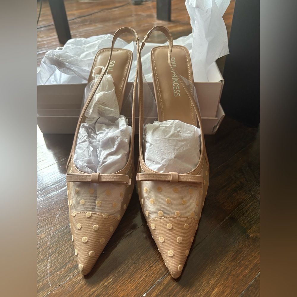 Nude Polka Dot Slingback Pumps with Bow Detail